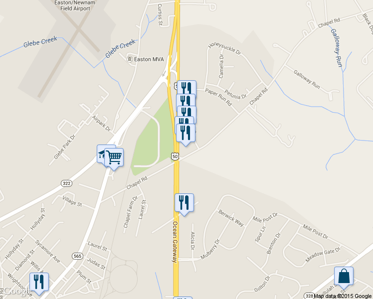 map of restaurants, bars, coffee shops, grocery stores, and more near 8911 Ocean Gateway in Easton
