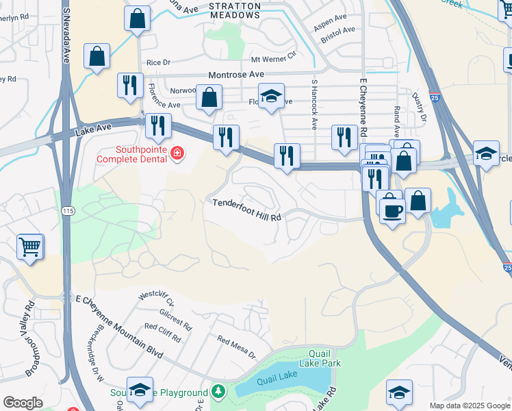 map of restaurants, bars, coffee shops, grocery stores, and more near 840 Tenderfoot Hill Road in Colorado Springs