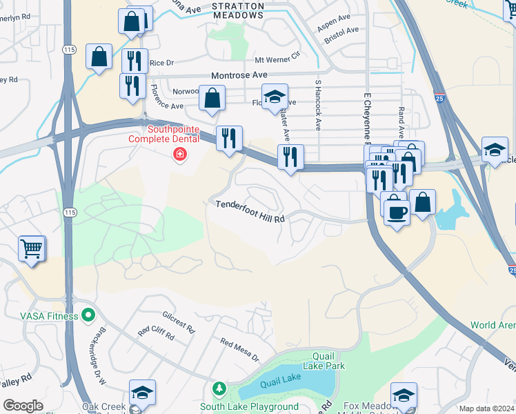 map of restaurants, bars, coffee shops, grocery stores, and more near 840 Tenderfoot Hill Road in Colorado Springs
