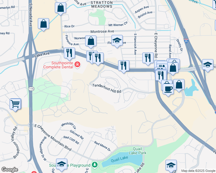 map of restaurants, bars, coffee shops, grocery stores, and more near 840 Tenderfoot Hill Road in Colorado Springs