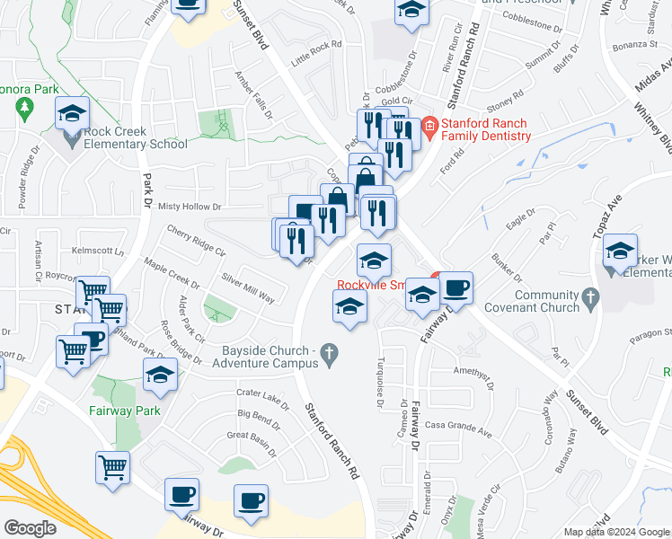 map of restaurants, bars, coffee shops, grocery stores, and more near 6414-6598 Stanford Ranch Rd in Rocklin
