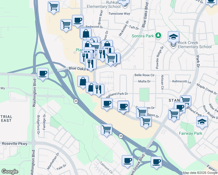 map of restaurants, bars, coffee shops, grocery stores, and more near 8422 Oliva Road in Roseville