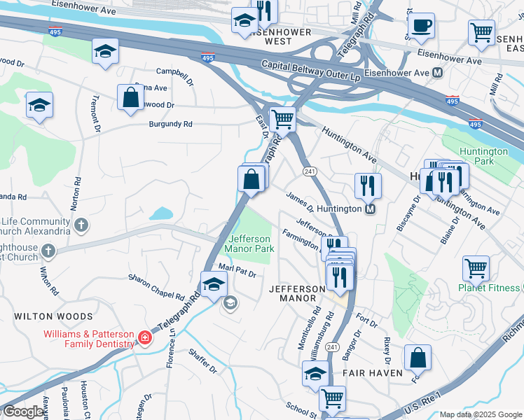 map of restaurants, bars, coffee shops, grocery stores, and more near 2912 Farmington Dr in Alexandria