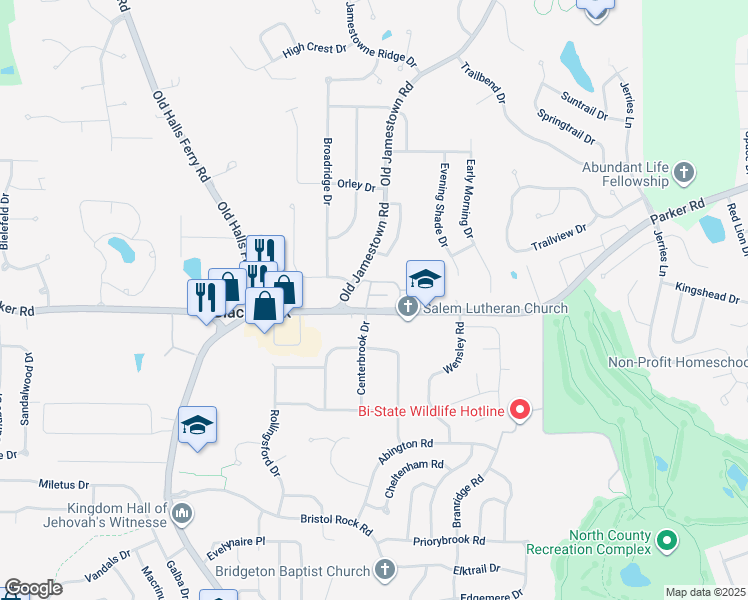 map of restaurants, bars, coffee shops, grocery stores, and more near 12495 Old Jamestown Road in Florissant