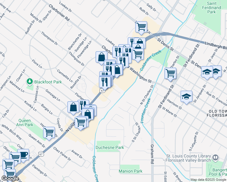 map of restaurants, bars, coffee shops, grocery stores, and more near 100 North Highway 67 in Florissant