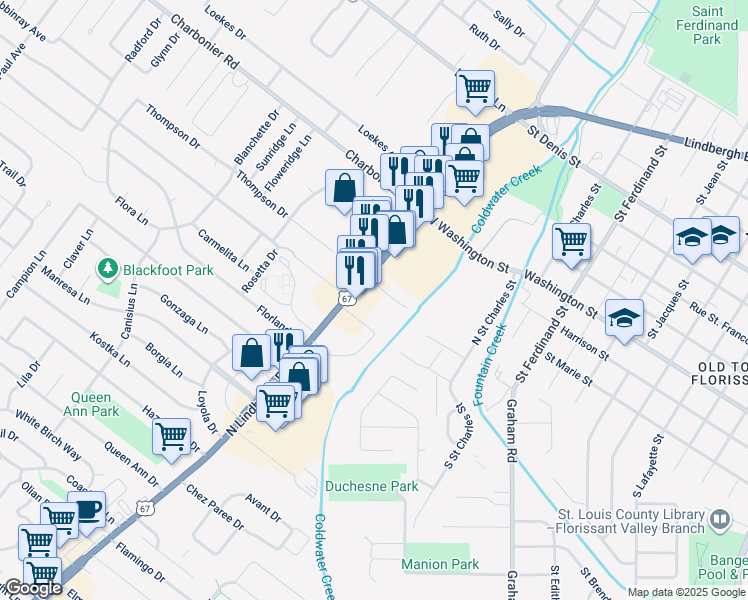 map of restaurants, bars, coffee shops, grocery stores, and more near 100 North Highway 67 in Florissant