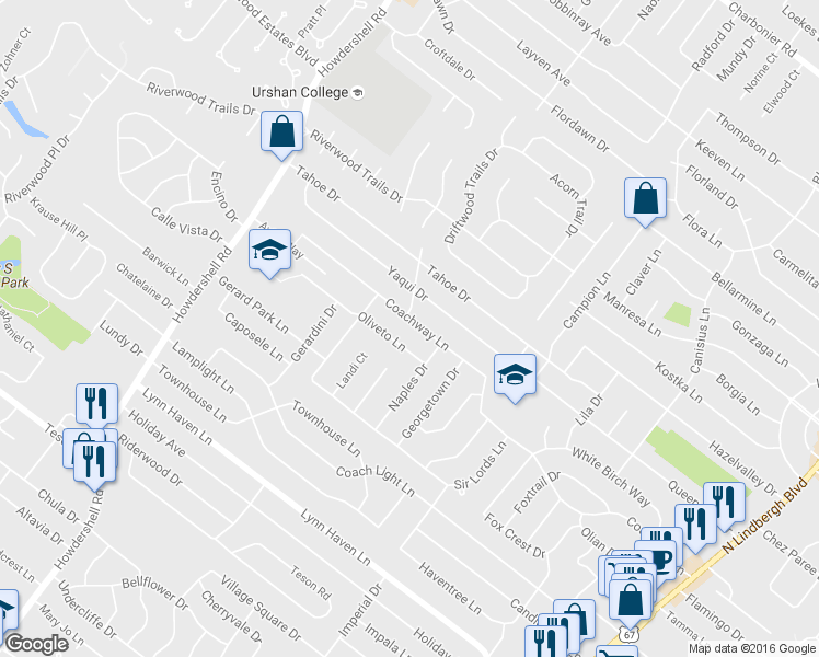 map of restaurants, bars, coffee shops, grocery stores, and more near 7521 Hopi Drive in Hazelwood