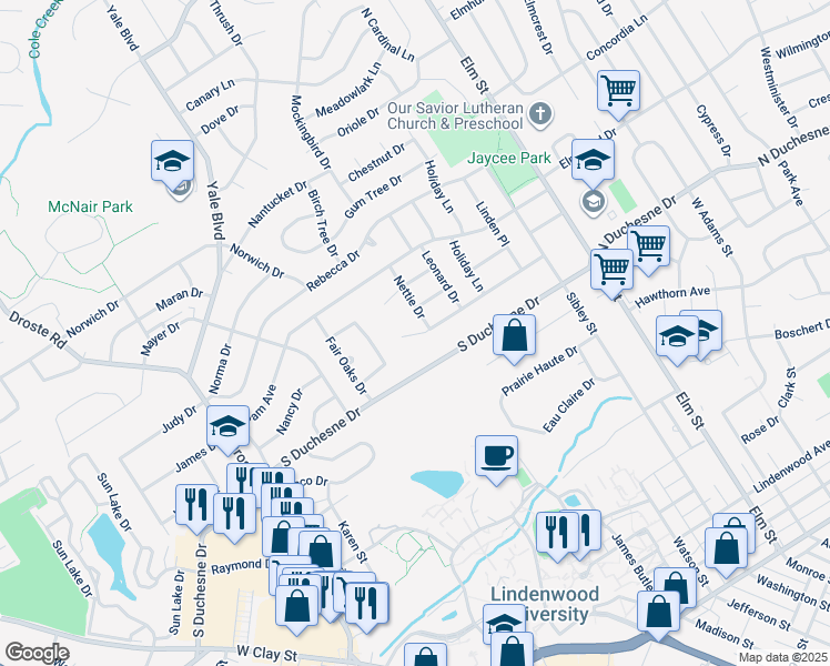 map of restaurants, bars, coffee shops, grocery stores, and more near 2510 Nettie Drive in Saint Charles