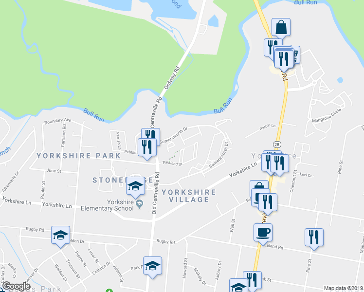 map of restaurants, bars, coffee shops, grocery stores, and more near 7523 Tendring Trail in Manassas