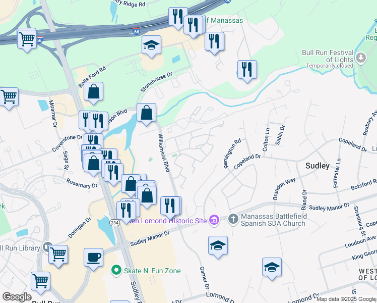 map of restaurants, bars, coffee shops, grocery stores, and more near 7428 Rokeby Drive in Manassas
