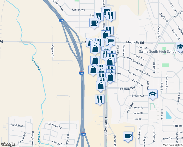 map of restaurants, bars, coffee shops, grocery stores, and more near 2580 South 9th Street in Salina