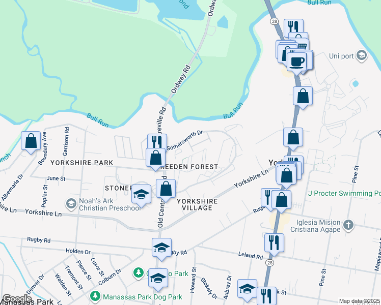 map of restaurants, bars, coffee shops, grocery stores, and more near 7523 Tendring Trail in Manassas