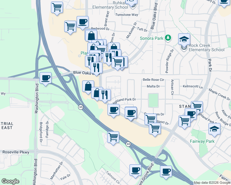 map of restaurants, bars, coffee shops, grocery stores, and more near 8422 Oliva Road in Roseville