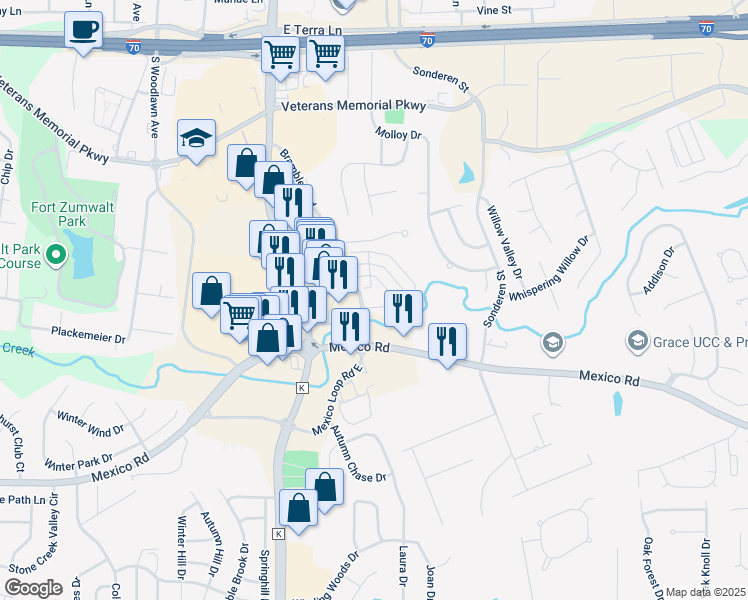 map of restaurants, bars, coffee shops, grocery stores, and more near 1000 Bramblett Crossing in O'Fallon