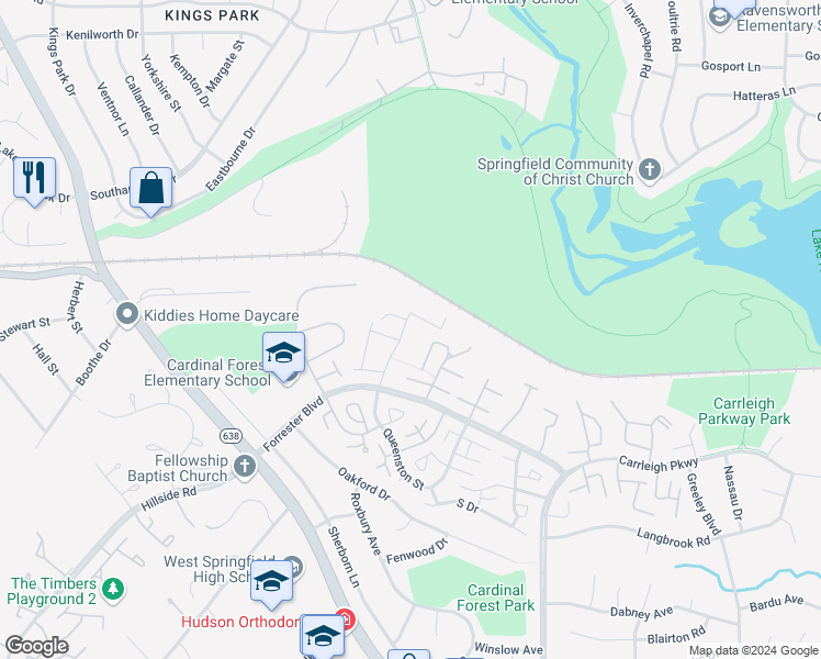 map of restaurants, bars, coffee shops, grocery stores, and more near 5817 Rexford Drive in West Springfield