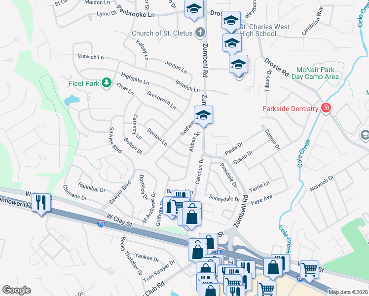 map of restaurants, bars, coffee shops, grocery stores, and more near 3054 Abbey Street in Saint Charles