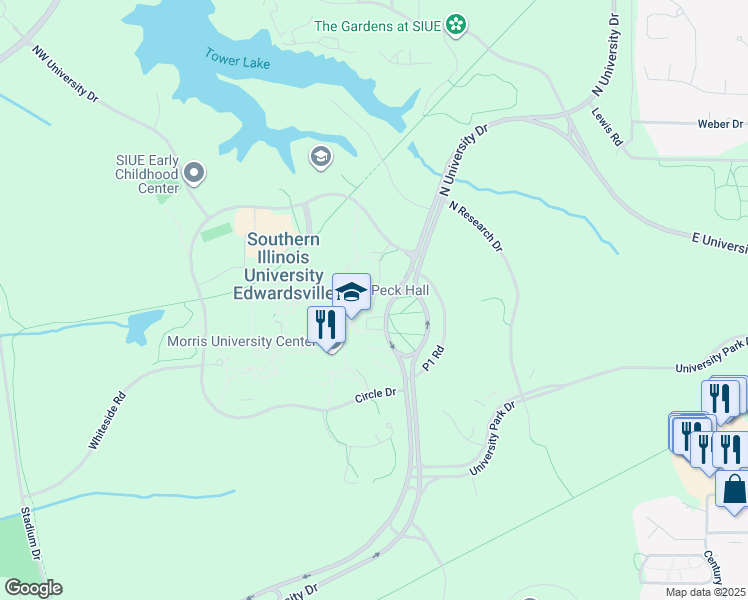 map of restaurants, bars, coffee shops, grocery stores, and more near 125 Peck Service Road in Edwardsville