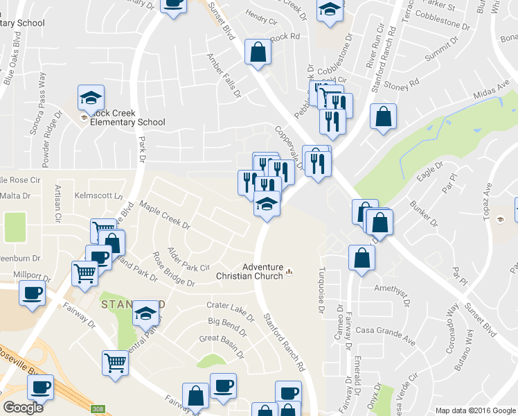 map of restaurants, bars, coffee shops, grocery stores, and more near 2206 Plaza Drive in Rocklin