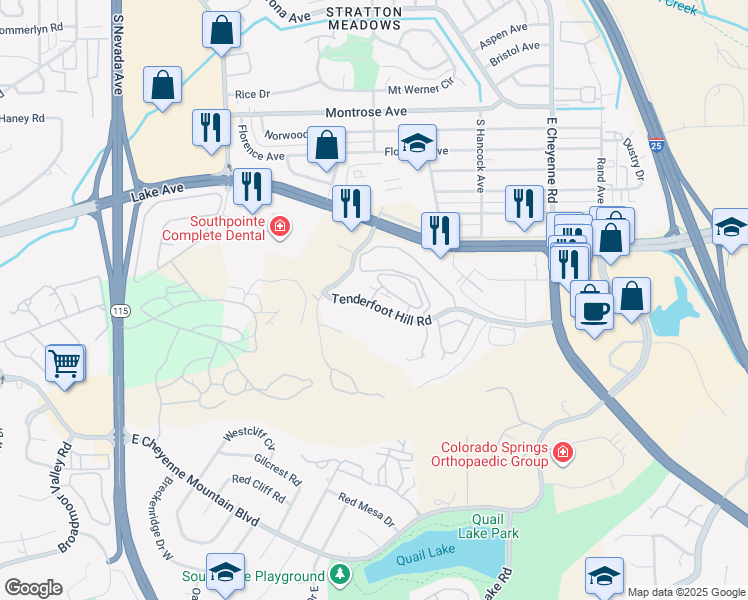 map of restaurants, bars, coffee shops, grocery stores, and more near 840 Tenderfoot Hill Road in Colorado Springs