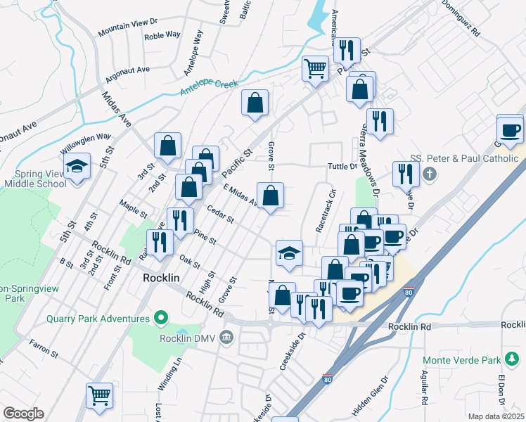 map of restaurants, bars, coffee shops, grocery stores, and more near 4015 East Midas Avenue in Rocklin