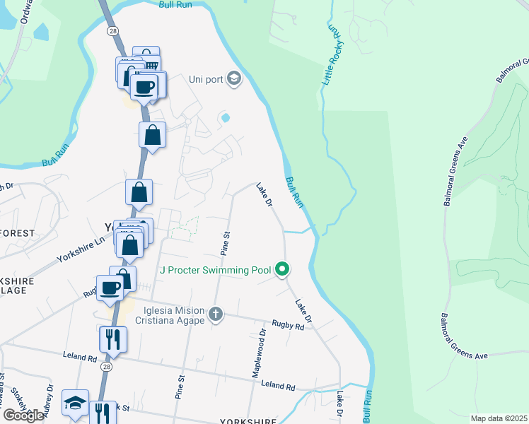 map of restaurants, bars, coffee shops, grocery stores, and more near 7408 Lake Drive in Manassas