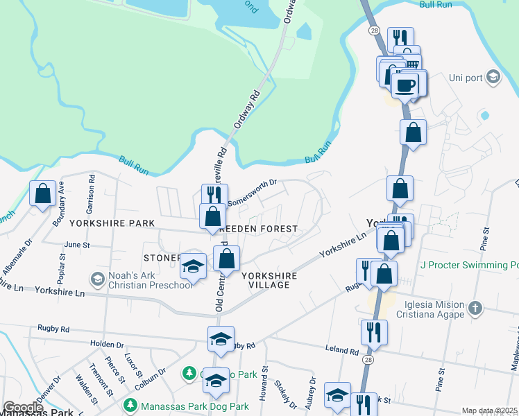 map of restaurants, bars, coffee shops, grocery stores, and more near 7525 Tendring Trail in Manassas