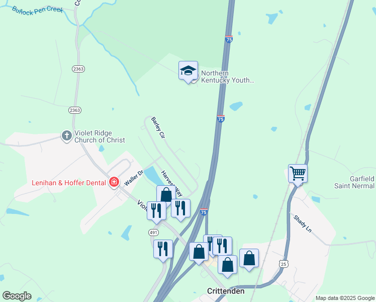 map of restaurants, bars, coffee shops, grocery stores, and more near 215 Milo Court in Crittenden