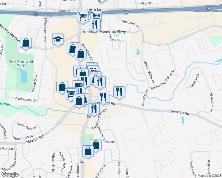 map of restaurants, bars, coffee shops, grocery stores, and more near 313 Bramblett Hills in O'Fallon