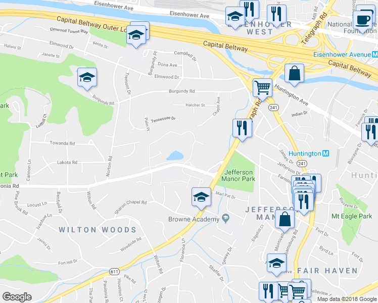 map of restaurants, bars, coffee shops, grocery stores, and more near 5587 Governors Pond Circle in Alexandria