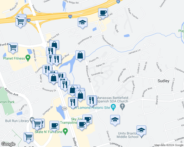 map of restaurants, bars, coffee shops, grocery stores, and more near 7550 Emerald Drive in Manassas