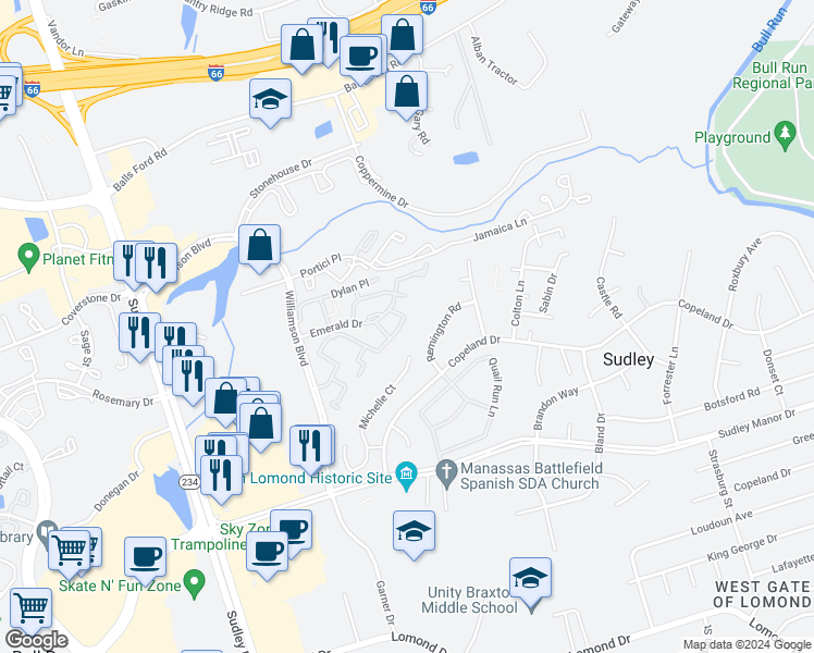 map of restaurants, bars, coffee shops, grocery stores, and more near 7327 Rokeby Drive in Manassas