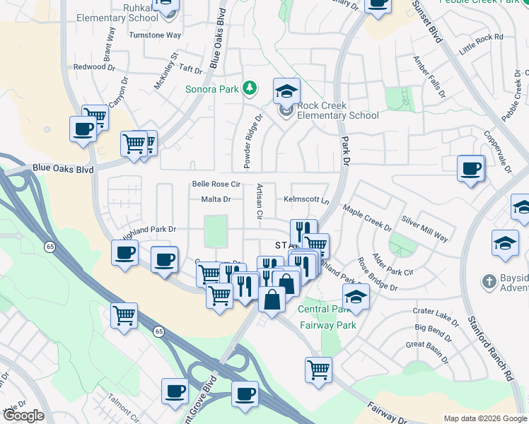 map of restaurants, bars, coffee shops, grocery stores, and more near 7217 Artisan Circle in Roseville