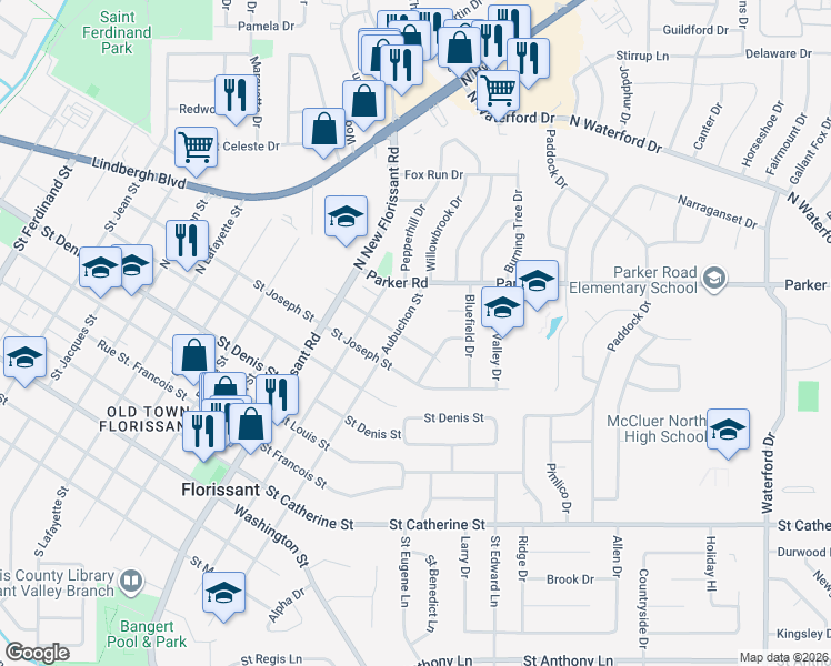 map of restaurants, bars, coffee shops, grocery stores, and more near 1160 Aubuchon Street in Florissant
