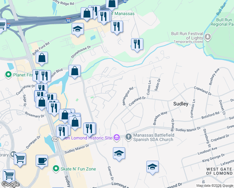 map of restaurants, bars, coffee shops, grocery stores, and more near 7327 Rokeby Drive in Manassas