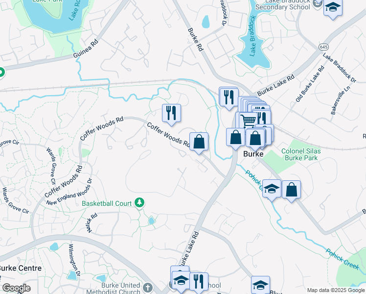 map of restaurants, bars, coffee shops, grocery stores, and more near 9616 Hillock Ct in Burke