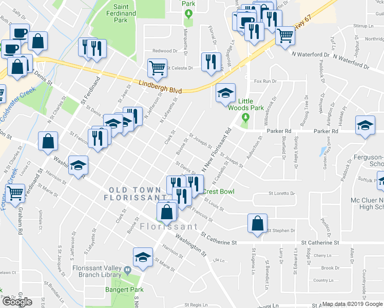 map of restaurants, bars, coffee shops, grocery stores, and more near 983 St Antoine St in Florissant