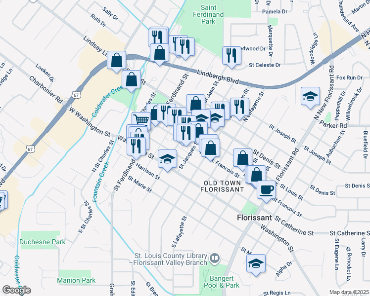 map of restaurants, bars, coffee shops, grocery stores, and more near 411 Rue Saint Francois in Florissant
