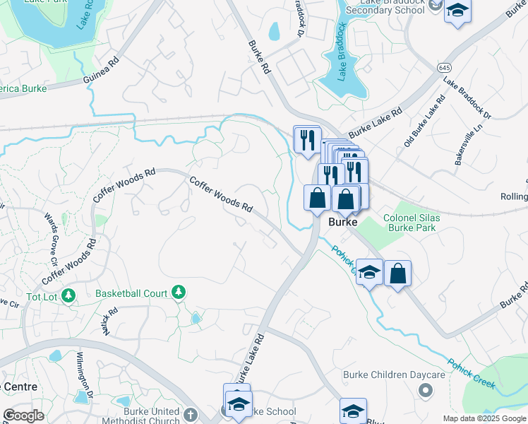 map of restaurants, bars, coffee shops, grocery stores, and more near 5790 Burke Towne Court in Burke