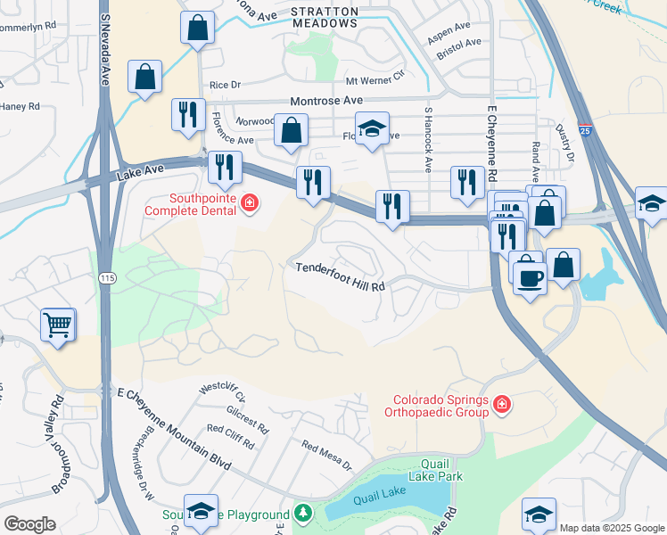 map of restaurants, bars, coffee shops, grocery stores, and more near 840 Tenderfoot Hill Road in Colorado Springs