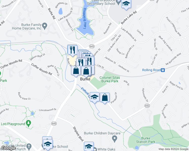 map of restaurants, bars, coffee shops, grocery stores, and more near 5816 Burke Manor Court in Burke