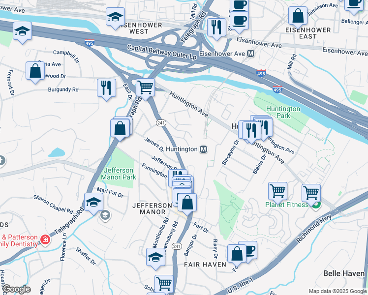 map of restaurants, bars, coffee shops, grocery stores, and more near 2613 Wagon Drive in Alexandria