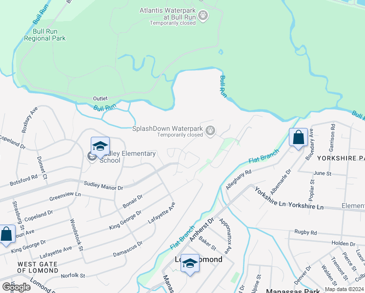 map of restaurants, bars, coffee shops, grocery stores, and more near 9400 Abingdon Court in Manassas