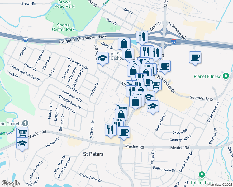 map of restaurants, bars, coffee shops, grocery stores, and more near 302 Starwood Drive in Saint Peters