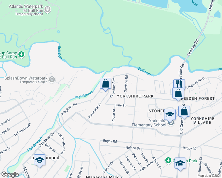 map of restaurants, bars, coffee shops, grocery stores, and more near 7419 Albemarle Drive in Manassas