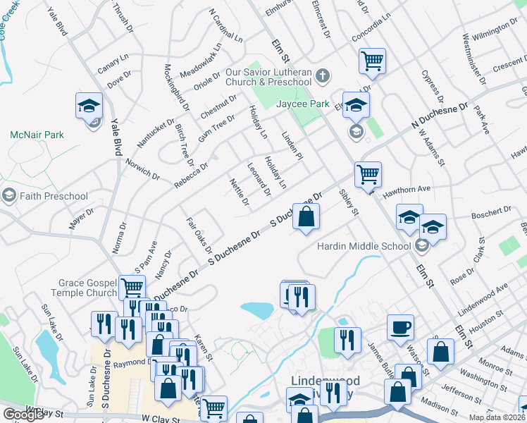 map of restaurants, bars, coffee shops, grocery stores, and more near 2501 Leonard Drive in Saint Charles