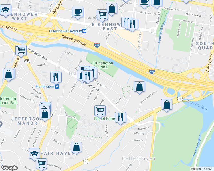 map of restaurants, bars, coffee shops, grocery stores, and more near 2134 Farrington Avenue in Alexandria