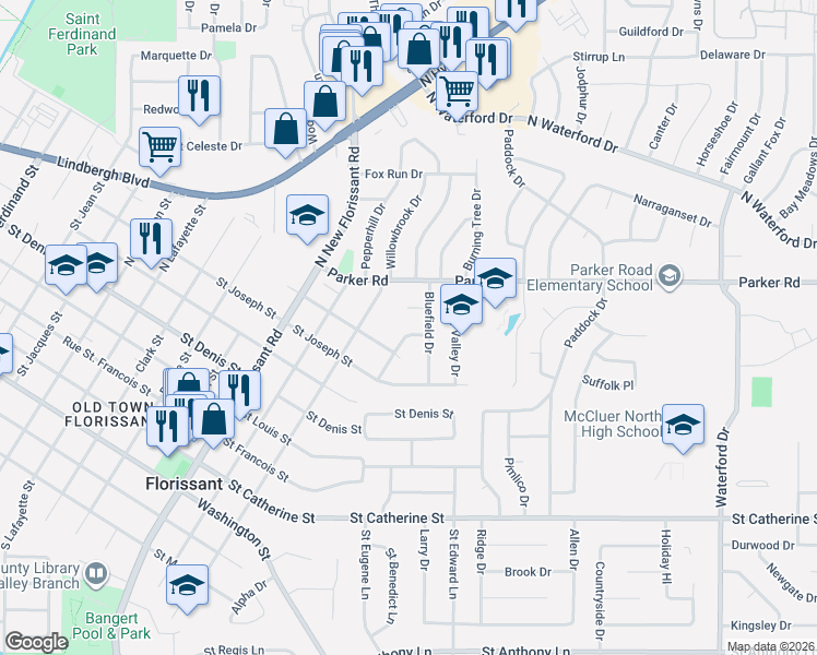 map of restaurants, bars, coffee shops, grocery stores, and more near in St. Louis County