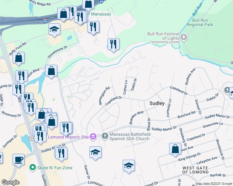 map of restaurants, bars, coffee shops, grocery stores, and more near 7503 Todd Place in Manassas