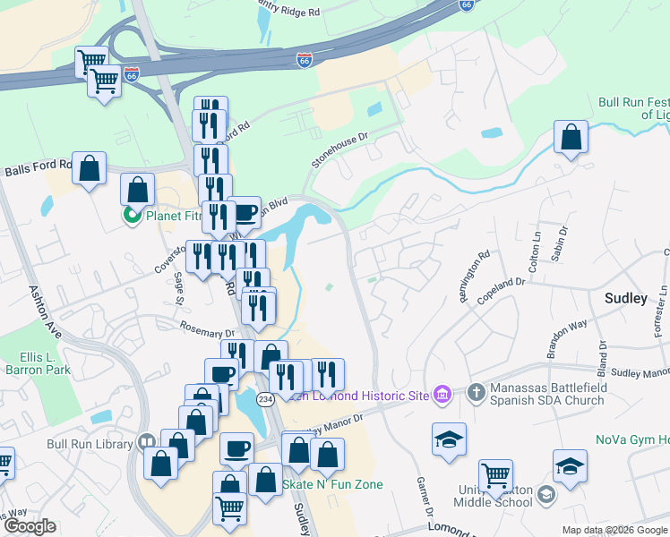 map of restaurants, bars, coffee shops, grocery stores, and more near 7550 Williamson Boulevard in Manassas
