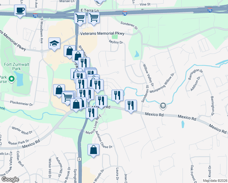 map of restaurants, bars, coffee shops, grocery stores, and more near 1432 Bramblett Valley in O'Fallon